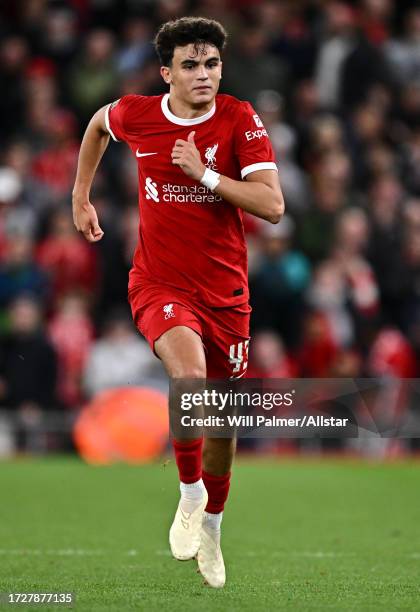 Stefan Bajcetic of Liverpool running during the Carabao Cup Third Round match between Liverpool FC and Leicester City at Anfield on September 27,...