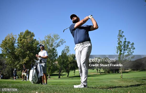 Jon Rahm of Spain plays a shot during a practice round prior to the acciona Open de Espana presented by Madrid at Club de Campo Villa de Madrid on...