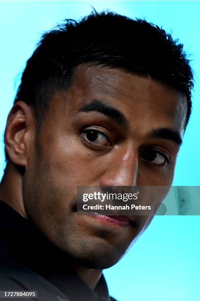Rieko Ioane of the All Blacks looks on during a press conference following a New Zealand All Blacks training session at INSEP training grounds on...