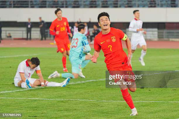 Wu Lei of China celebrates after scoring his team's second goal in the international friendly match between China and Vietnam at Dalian Sports Center...