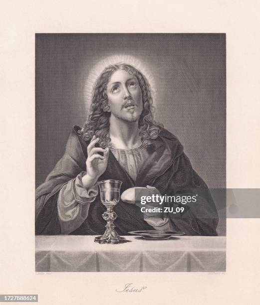 christ blessing bread and wine, painted (c.1670) by carlo dolci - chalice stock illustrations