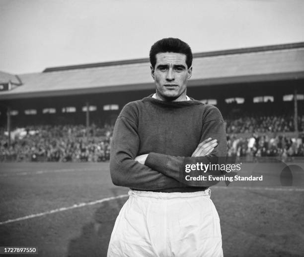 English footballer Wilf Hall , a goalkeeper with Stoke City FC, pictured ahead of a match in London, November 30th 1957. Stoke City are playing...