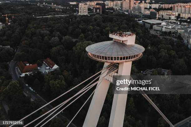 panorama view of bridge snp in bratislava, slovakia - slovakia stock pictures, royalty-free photos & images