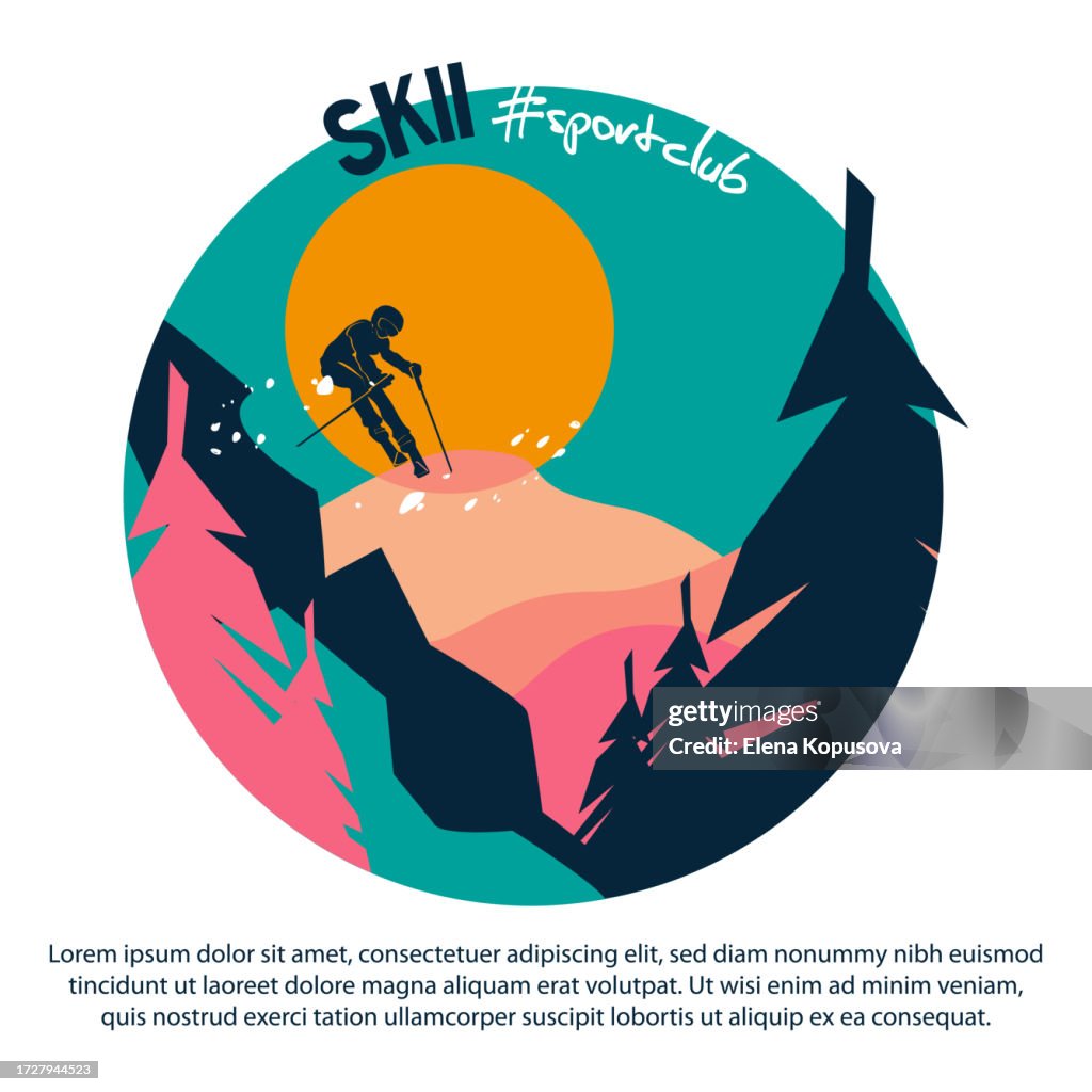 Skiing concept in flat style. Skier on the background of a winter ski slope. Round vector illustration for a sports club with space for text.