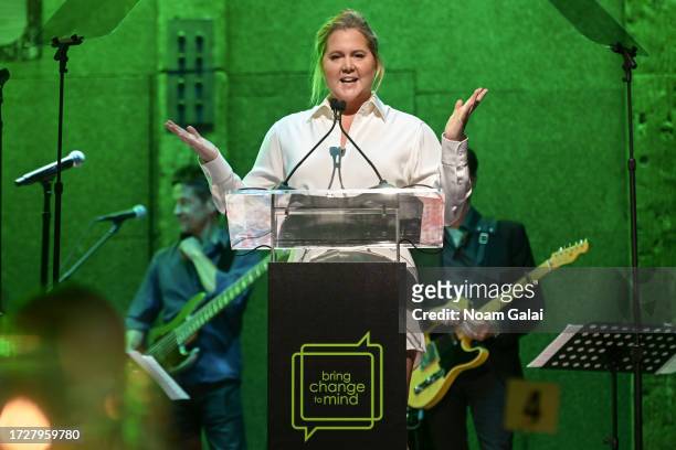 Amy Schumer speaks onstage during Revels & Revelations 11 hosted by Bring Change To Mind in support of teen mental health at City Winery on October...