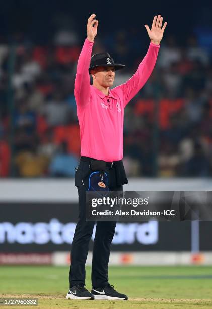 Umpire Alex Wharf looks on during the ICC Men's Cricket World Cup India 2023 between Pakistan and Sri Lanka at Rajiv Gandhi International Stadium on...