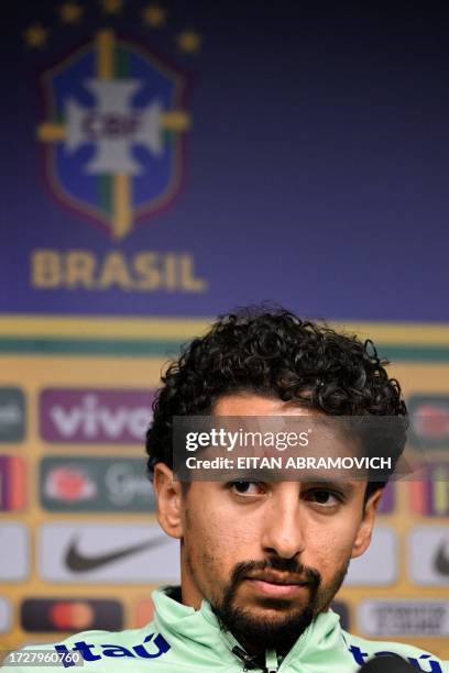 Brazil's defender Marquinhos gestures during a press conference before a training session ahead of the upcoming FIFA World Cup 2026 qualifier...