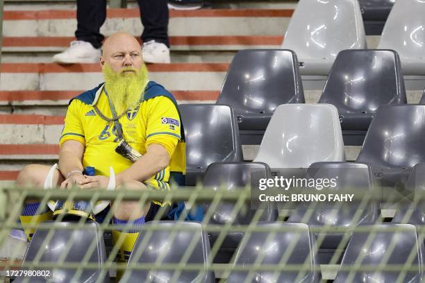 Sweden's supporter reacts during a soccer game between Belgian national soccer team Red Devils and Sweden, Sunday 15 October 2023 in Brussels, match...