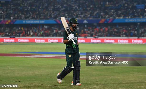 Abdullah Shafique of Pakistan makes their way off after being dismissed during the ICC Men's Cricket World Cup India 2023 between Pakistan and Sri...