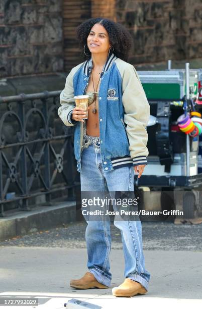 Zazie Beetz is seen at the "The Dutchman" movie set on October 16, 2023 in New York City.