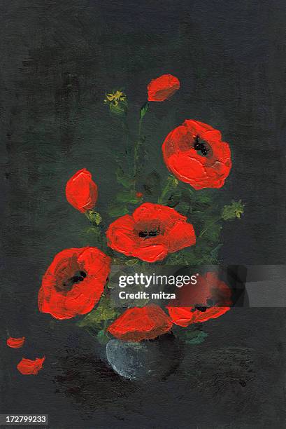 poppy flowers arrangement on black background - poppies in vase stock illustrations