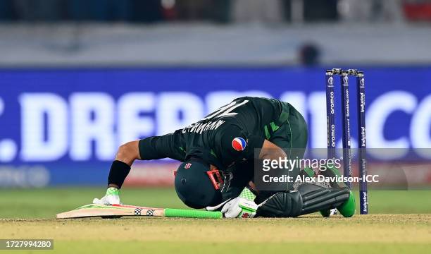 Mohammad Rizwan of Pakistan reacts during the ICC Men's Cricket World Cup India 2023 between Pakistan and Sri Lanka at Rajiv Gandhi International...