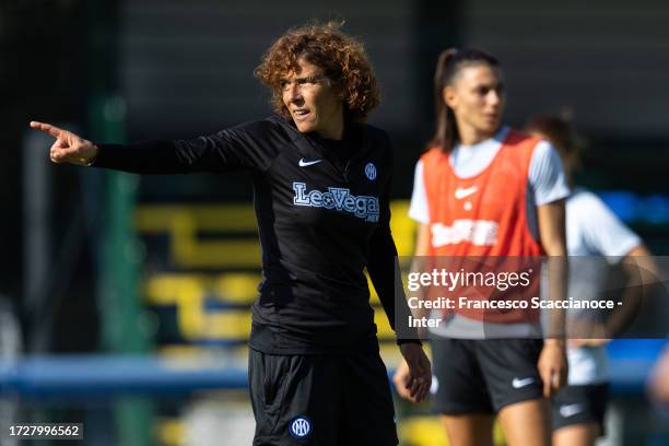 Head Coach Rita Guarino of FC Internazionale gestures during the FC Internazionale Women training session on October 10, 2023 in Milan, Italy.