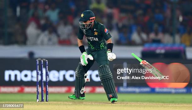 Mohammad Rizwan of Pakistan plays a shot during the ICC Men's Cricket World Cup India 2023 between Pakistan and Sri Lanka at Rajiv Gandhi...