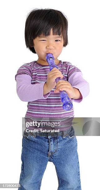 vorschulkind zu spielen musikinstrument (isolated on white - blockflöte stock-fotos und bilder