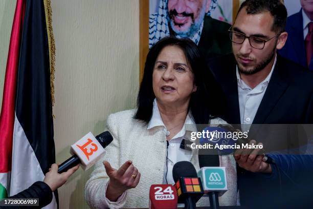 Ambassador Of Palestine To Chile Vera Baboun speaks to the media during a press conference at Embassy of Palestine on October 10, 2023 in Las Condes,...