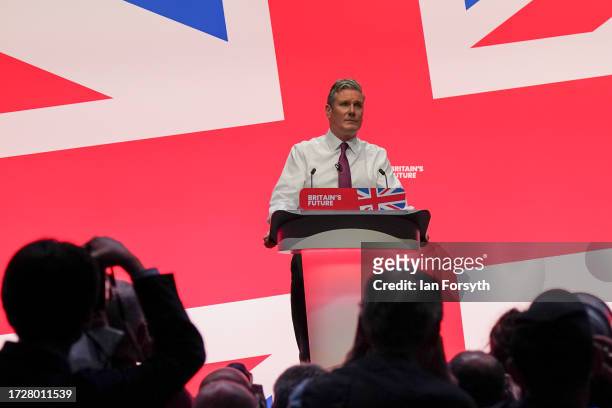 Labour party leader, Sir Keir Starmer delivers the leader's speech, covered in glitter after a protestor stormed the stage on the third day of the...