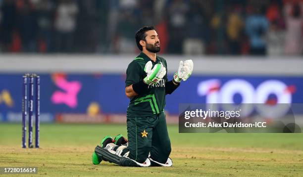 Mohammad Rizwan of Pakistan celebrates their century during the ICC Men's Cricket World Cup India 2023 between Pakistan and Sri Lanka at Rajiv Gandhi...