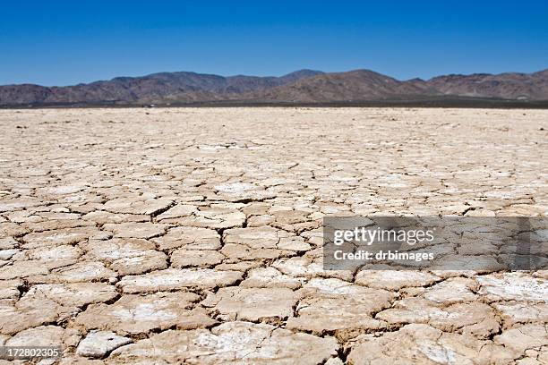 a dry lakebed landscape in front of mountains under blue sky - dry ground stock pictures, royalty-free photos & images