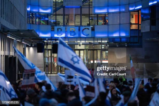 Members of the Jewish community gather outside BBC Broadcasting House to demonstrate against the BBC's ongoing refusal to label Hamas as terrorists,...