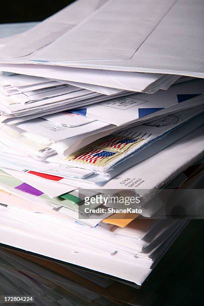 stack of junk mail and unpaid bills - mailroom stock pictures, royalty-free photos & images