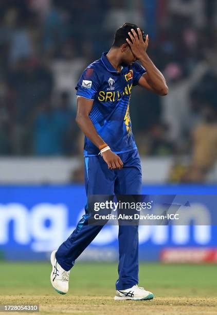 Matheesha Pathirana of Sri Lanka reacts during the ICC Men's Cricket World Cup India 2023 between Pakistan and Sri Lanka at Rajiv Gandhi...