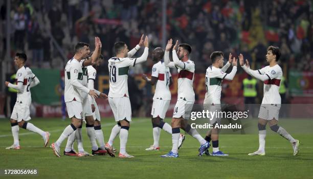 Players of Portugal celebrate after a goal during the Euro 2024 qualifying football match between Bosnia and Herzegovina and Portugal at the Bilino...