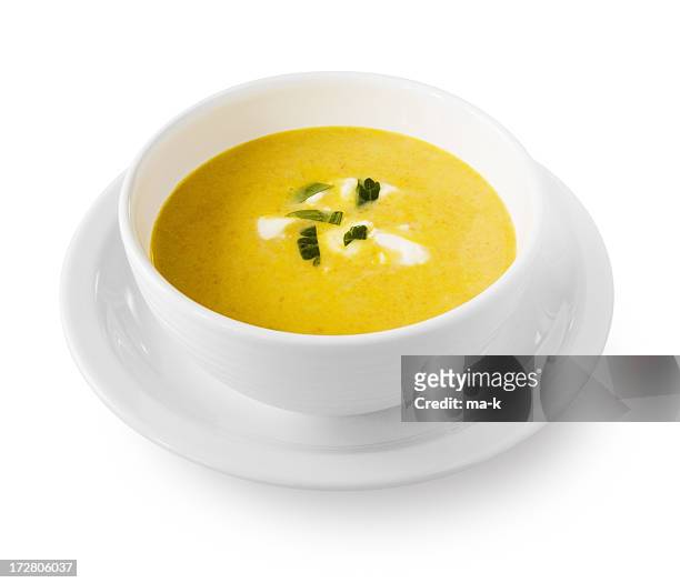 yellow cream soup with garnish - soup stock pictures, royalty-free photos & images