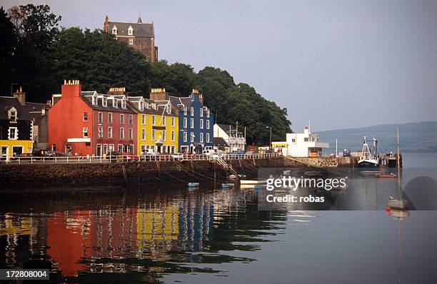 view of colorful tobermory harbor from across the water - mull stockfoto's en -beelden