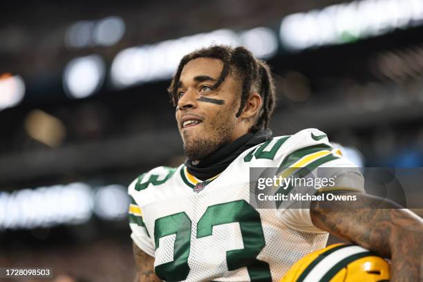 Jaire Alexander of the Green Bay Packers reacts during the national anthem prior to an NFL football game between the Las Vegas Raiders and the Green...