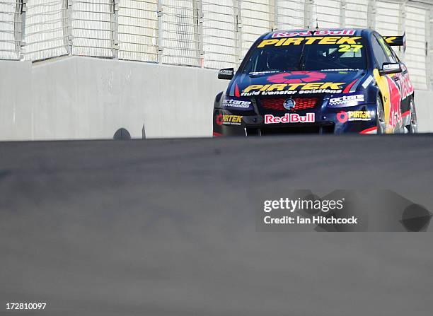 Casey Stoner drives the Red Bull Pirtek Holden during practice for the round three of the V8 Supercars Dunlop Development Series at Reid Park on July...