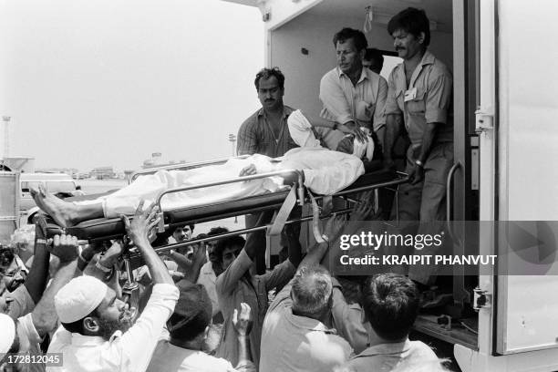 Injured victims are evacuated to a US military hospital in Germany on September 6, 1986 after , after a 16-hour siege of the Boeing 747-121 of the...