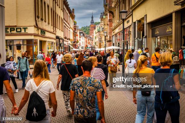 pedestrian zone at famous city heidelberg in germany - pedestrian zone stock pictures, royalty-free photos & images