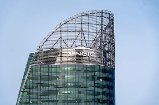 Exterior view of the tower housing the head office of Engie, Paris La Défense, France