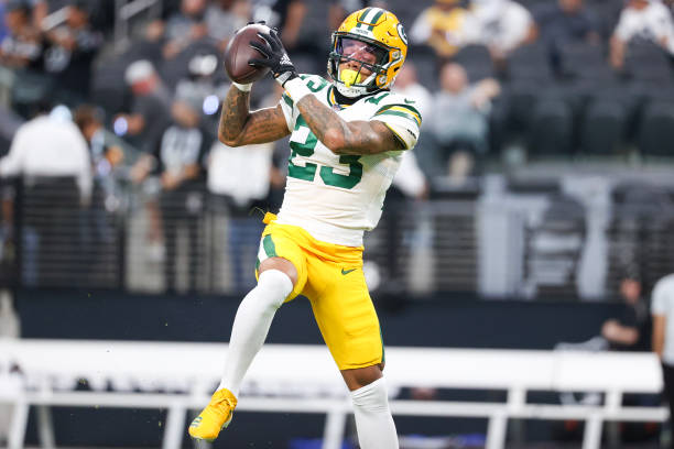 Jaire Alexander of the Green Bay Packers warms up prior to a game against the Las Vegas Raiders at Allegiant Stadium on October 09, 2023 in Las...
