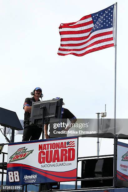 Steve Letarte, crew chief for Dale Earnhardt Jr. ,, driver of the National Guard Chevrolet, looks on during practice for the NASCAR Sprint Cup Series...