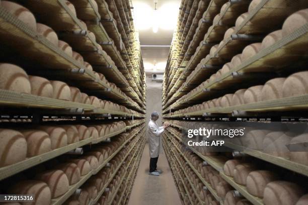 Cheesemonger checks mimolette cheese at a production site of the French Isigny Ste Mere company on July 4, 2013 in Isigny-sur-Mere, northwestern...