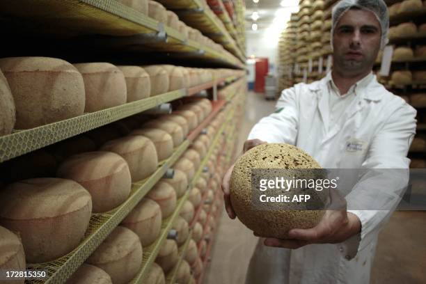 Cheesemonger holds a 24-month old mimolette cheese at a production site of the French Isigny Ste Mere company on July 4, 2013 in Isigny-sur-Mere,...