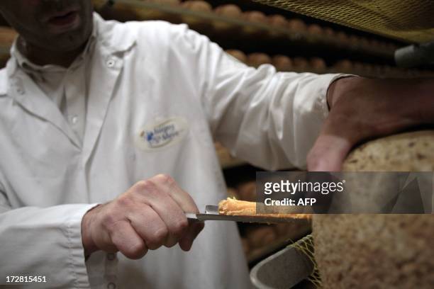 Cheesemonger exctracts a sample from a 24-month old mimolette cheese at a production site of the French Isigny Ste Mere company on July 4, 2013 in...