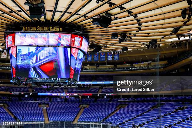 Opening Night t-shirts are displayed on seats at Madison Square Garden prior to the game between the New York Rangers and the Arizona Coyotes on...