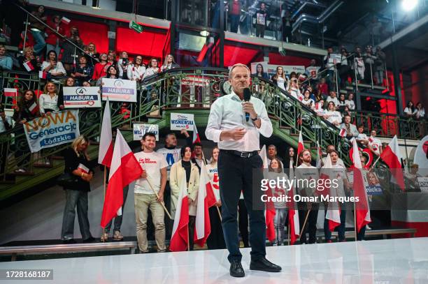 The Leader of Civic Coalition Party, Donald Tusk delivers a speech during the Women for Elections Campaign rally on October 10, 2023 in Lodz, Poland....