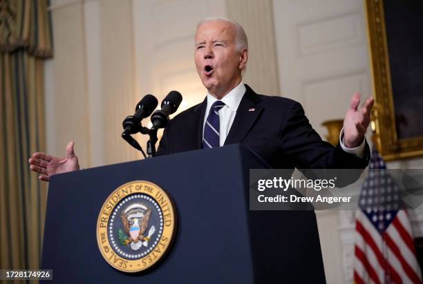 President Joe Biden delivers remarks on the Hamas terrorist attacks in Israel in the State Dining Room of the White House October 10, 2023 in...