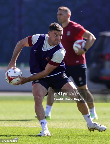 George Ford passes the ball during the England training session at Stade Georges Carcassonne on October 10, 2023 in Aix-en-Provence, France.