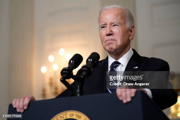 President Joe Biden delivers remarks on the Hamas terrorist attacks in Israel in the State Dining Room of the White House October 10, 2023 in...