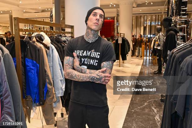 Travis Barker attends the launch of Travis Barker's fashion brand DTA exclusively at Selfridges on October 10, 2023 in London, England.