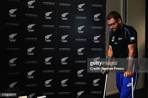 Daniel Vettori speaks to the media during a press conference at the New Zealand Cricket Offices on July 5, 2013 in Auckland, New Zealand. Vettori has...