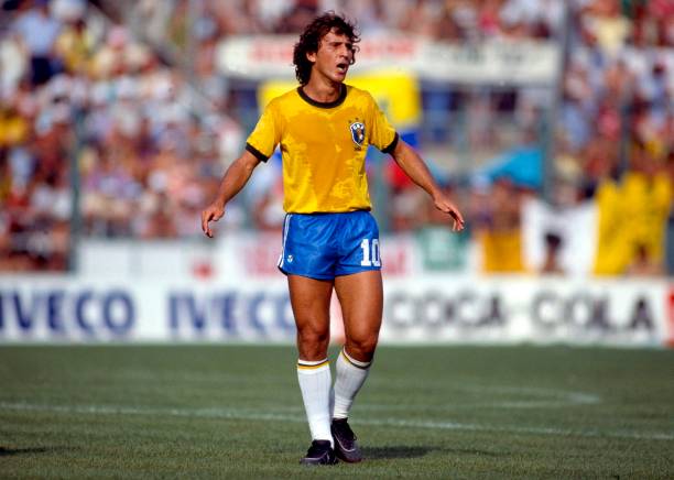 World Cup 1982, Spain, Brazil v Italy, An annoyed Zico stands frustrated in the penalty box.