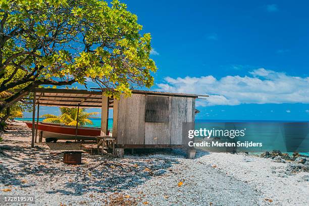 primitive cabin on atol island facing pacific - tuamotus imagens e fotografias de stock