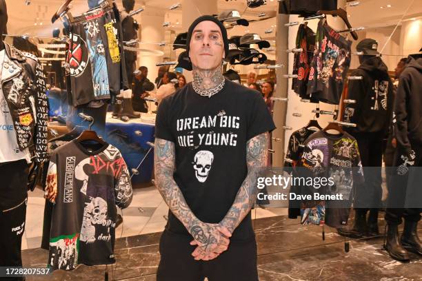 Travis Barker attends the launch of Travis Barker's fashion brand DTA exclusively at Selfridges on October 10, 2023 in London, England.