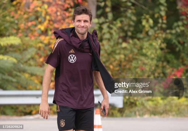 Thomas Mueller of Germany arrives for a training session of the German national football team on October 10, 2023 in Foxborough, Massachusetts.
